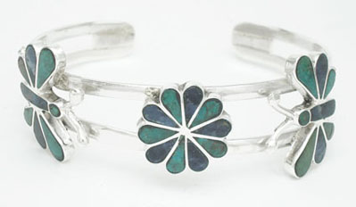 Bracelet with 2 flowers and butterfly of malachite