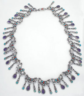 Necklace of arches multicolored with drops and stones circles