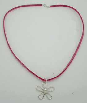 Necklace of pink deerskin with flower earring with sphere