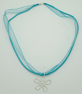 Organza necklace blue and Pendant   sphere flower