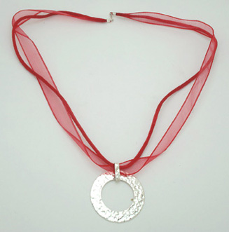 Necklace of red organza Pendant   hammered circle