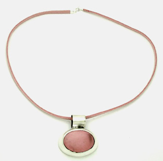 Oval necklace with  rhodochrosite  and pink deerskin