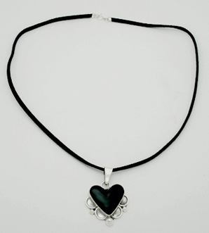 Necklace black deerskin with onyx heart with curl