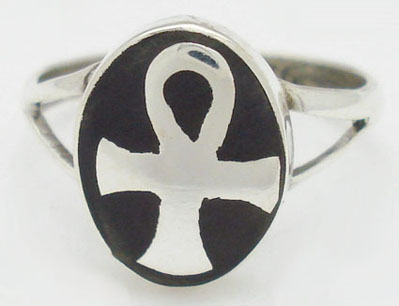 Ring of oval of black resin with Egyptian cross