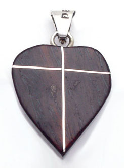 Pendant of wooden heart with silver cross