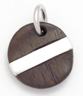 Round wooden pendant with line of smooth silver