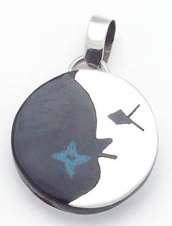 Round pendant with moon and star of  plastic black with stones