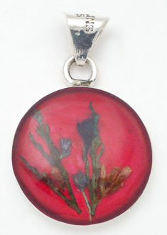 Pendant of circle of red resin with still life