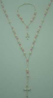 Set bracelet and necklace white pearl and swarovski pink t/rosario