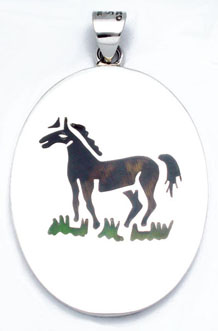 Pendant   oval with horse in pen work with enamel