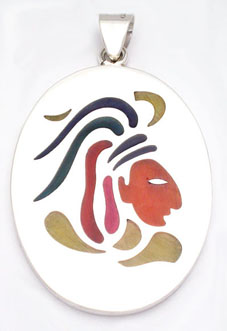 Pendant   with azteca oval and tuft of enamel in pen work