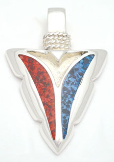 Pendant  on shield with blue and red resin