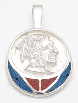Pendant   round with face of Indian and red and blue resin