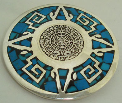 Brooch circle Aztec calendar turquoise