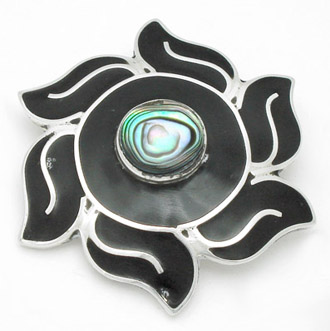 Brooch black flower with shell